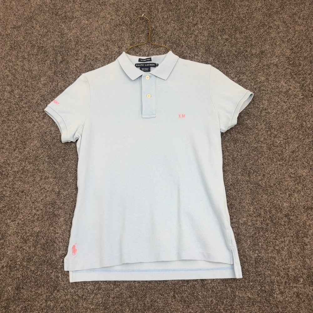 Ralph Lauren Polo Shirt Womens M Light Blue Cotton The Skinny Preppy Pink Pony